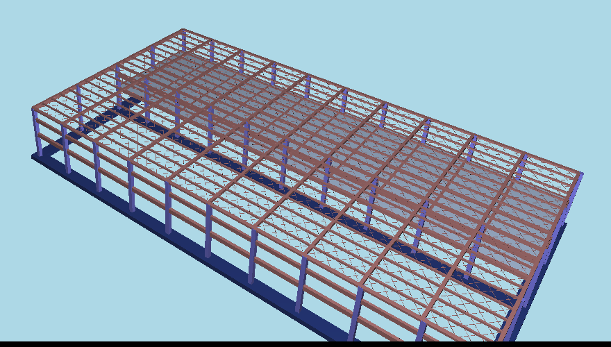 Modèle 3D d’un bâtiment industriel préfabriqué dans StatiCAD : poteaux, poutres de toiture, chéneaux, pannes et niveau intermédiaire