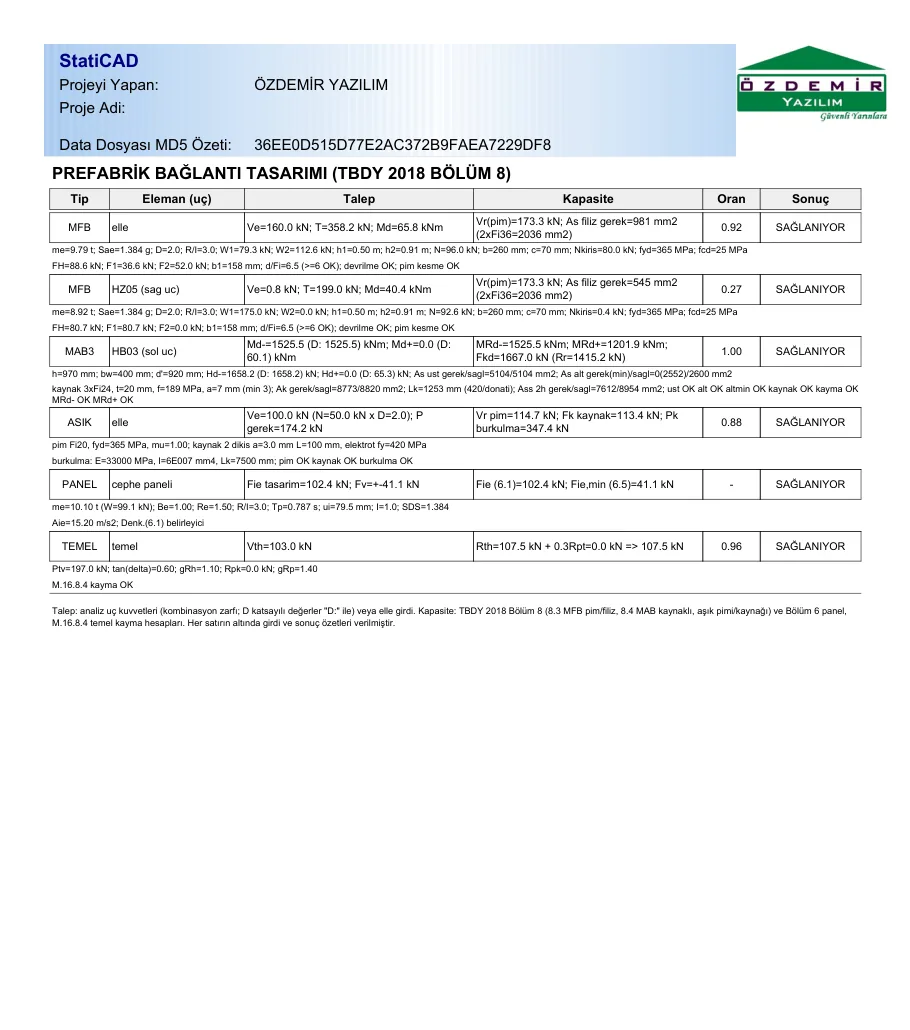 Page de conception des liaisons préfabriquées dans la note de calcul