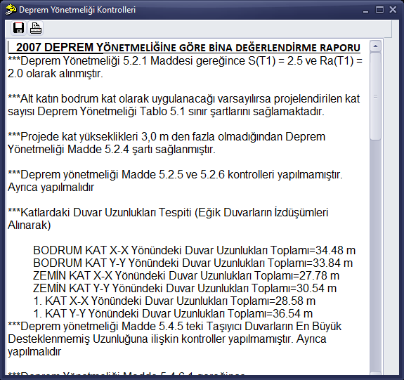 Deprem Yönetmeliği Kontrolleri penceresi