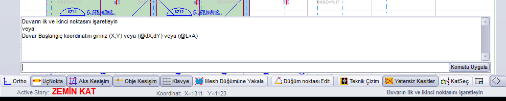 Komut satırı: w komutundan sonra duvar başlangıç koordinatı istemi