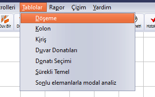 Tablolar menüsü