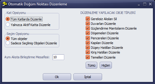 Otomatik Düğüm Noktası Düzenleme penceresi