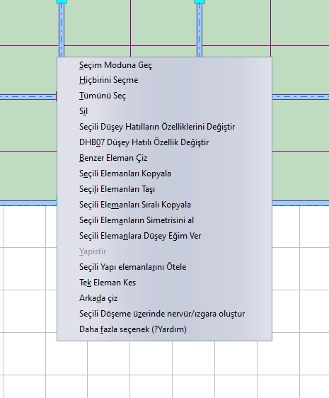 Seçili bir kolon (düşey hatıl) üzerinde sağ tık menüsü