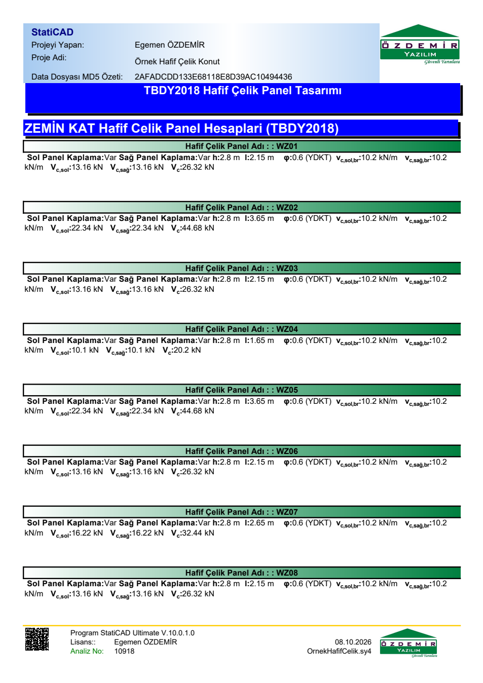 TBDY 2018 hafif çelik panel tasarımı (Vc = 0,6·vc·l)