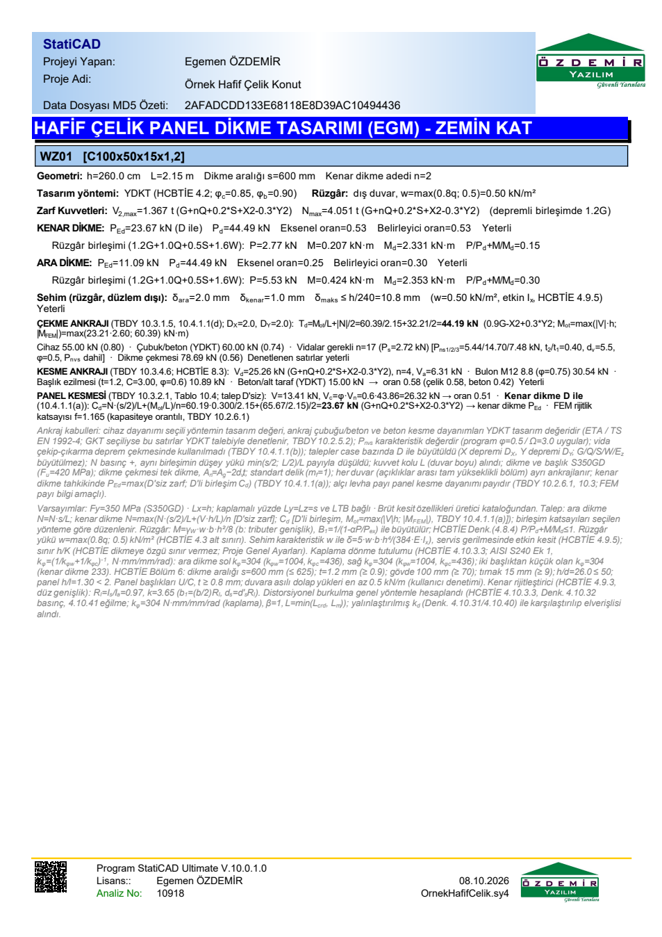 Panel dikme tasarımı (EGM), ankraj ve panel kesmesi – WZ01