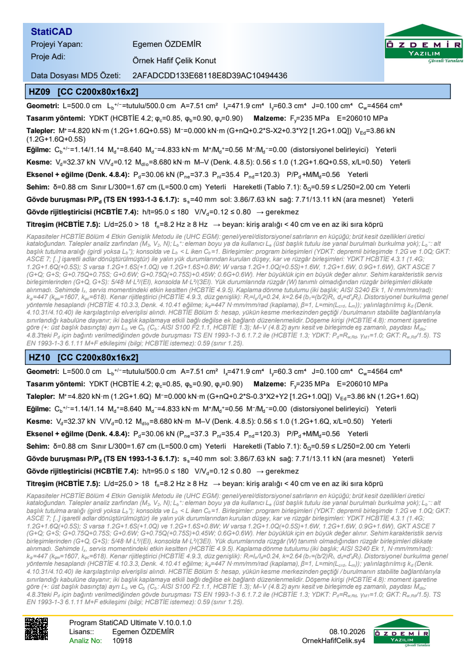 Hafif çelik döşeme kirişi tasarımı (EGM) – HZ09, HZ10